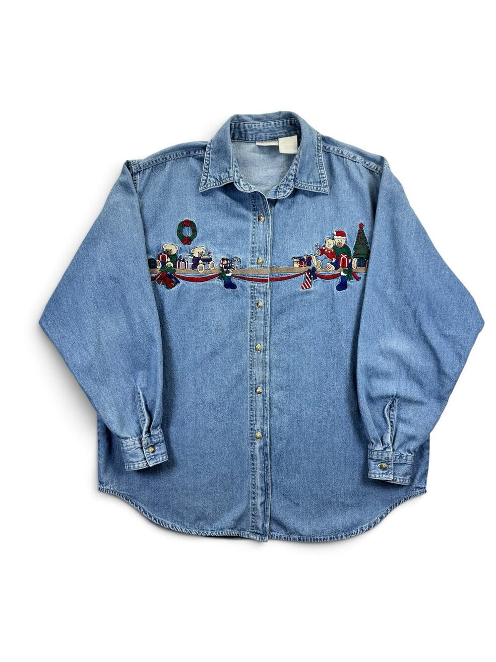 Vintage Bobbie Brooks Embroidered Christmas Bears Denim Shirt - Size Large